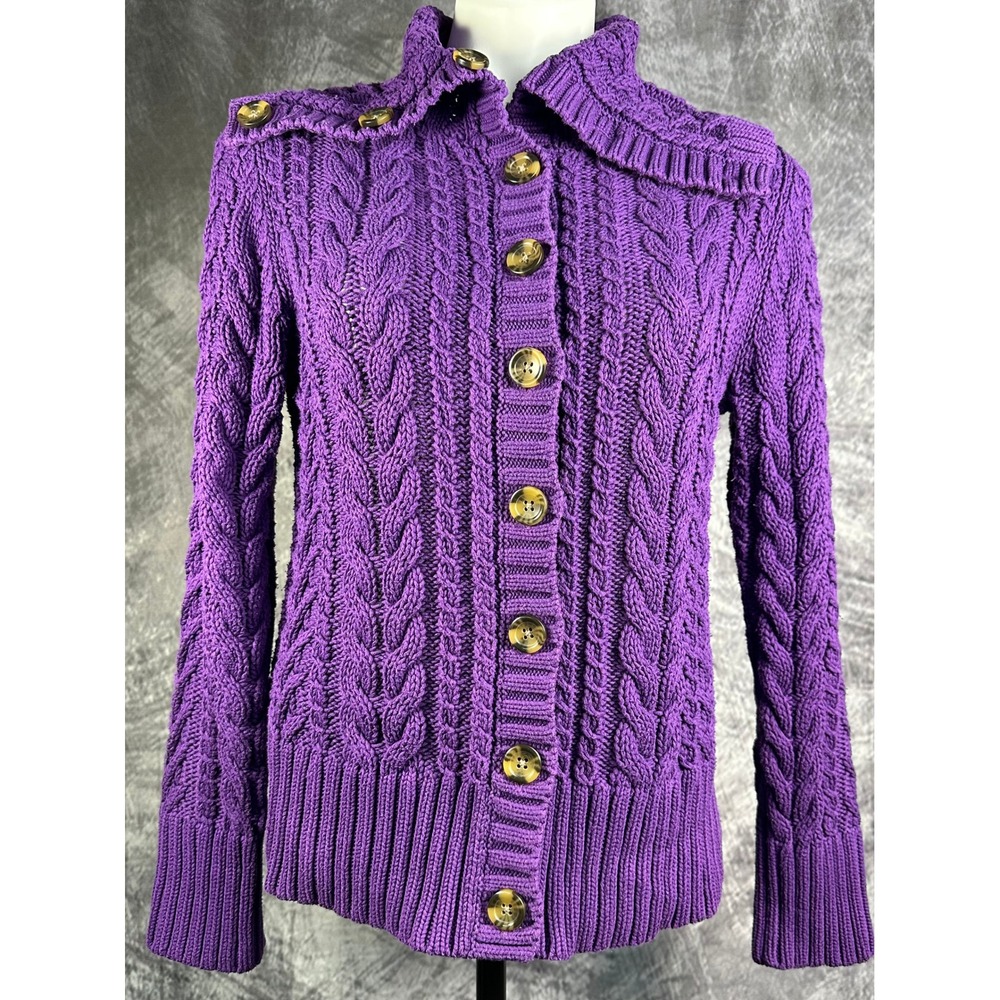 Lands' End Purple Chunky Cable Knit Cardigan Womens Sm Mock Neck Epaulet Cotton